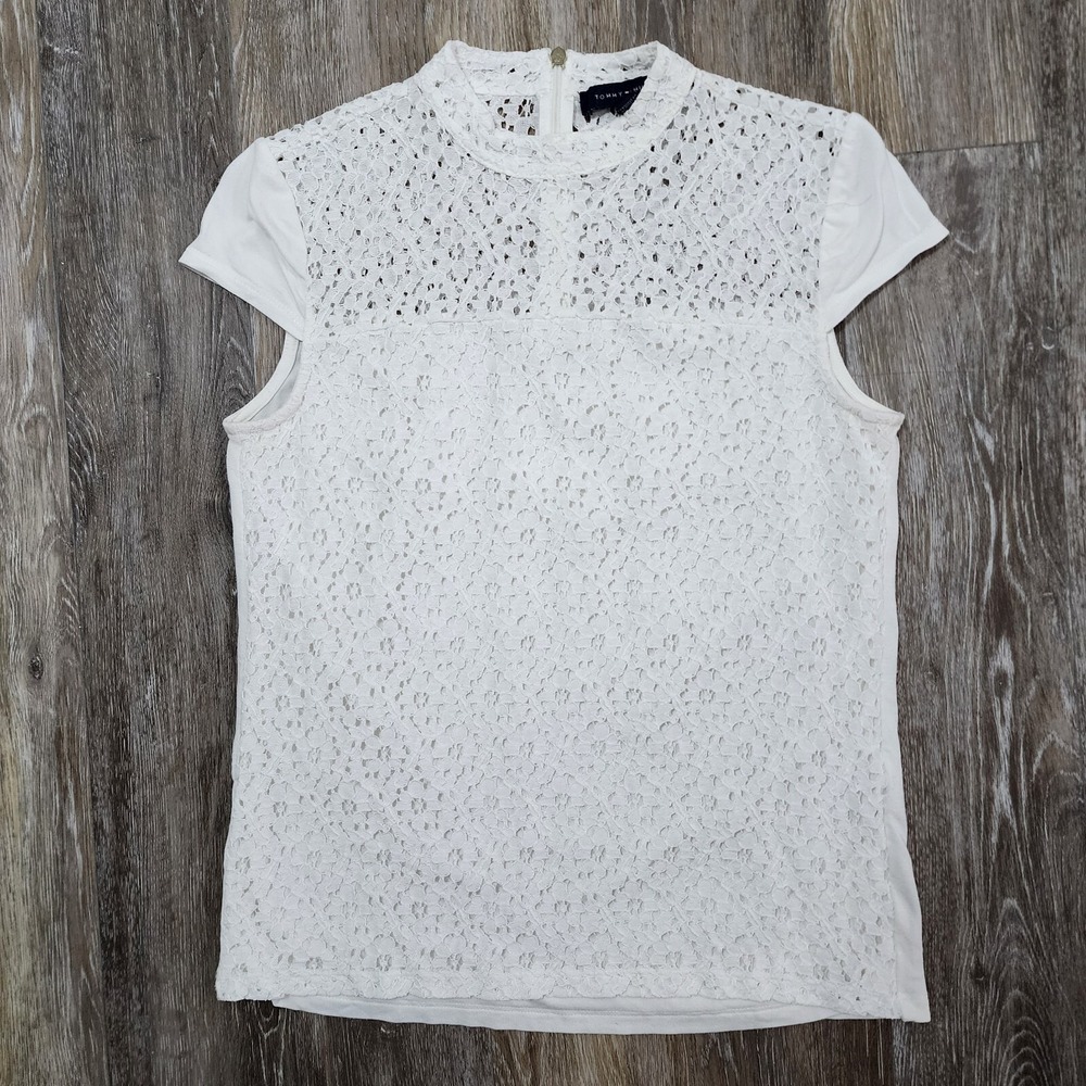 TOMMY HILFIGER White Lace Shirt Womens‎ Small Layered Y2K Dainty Minimal Angelic